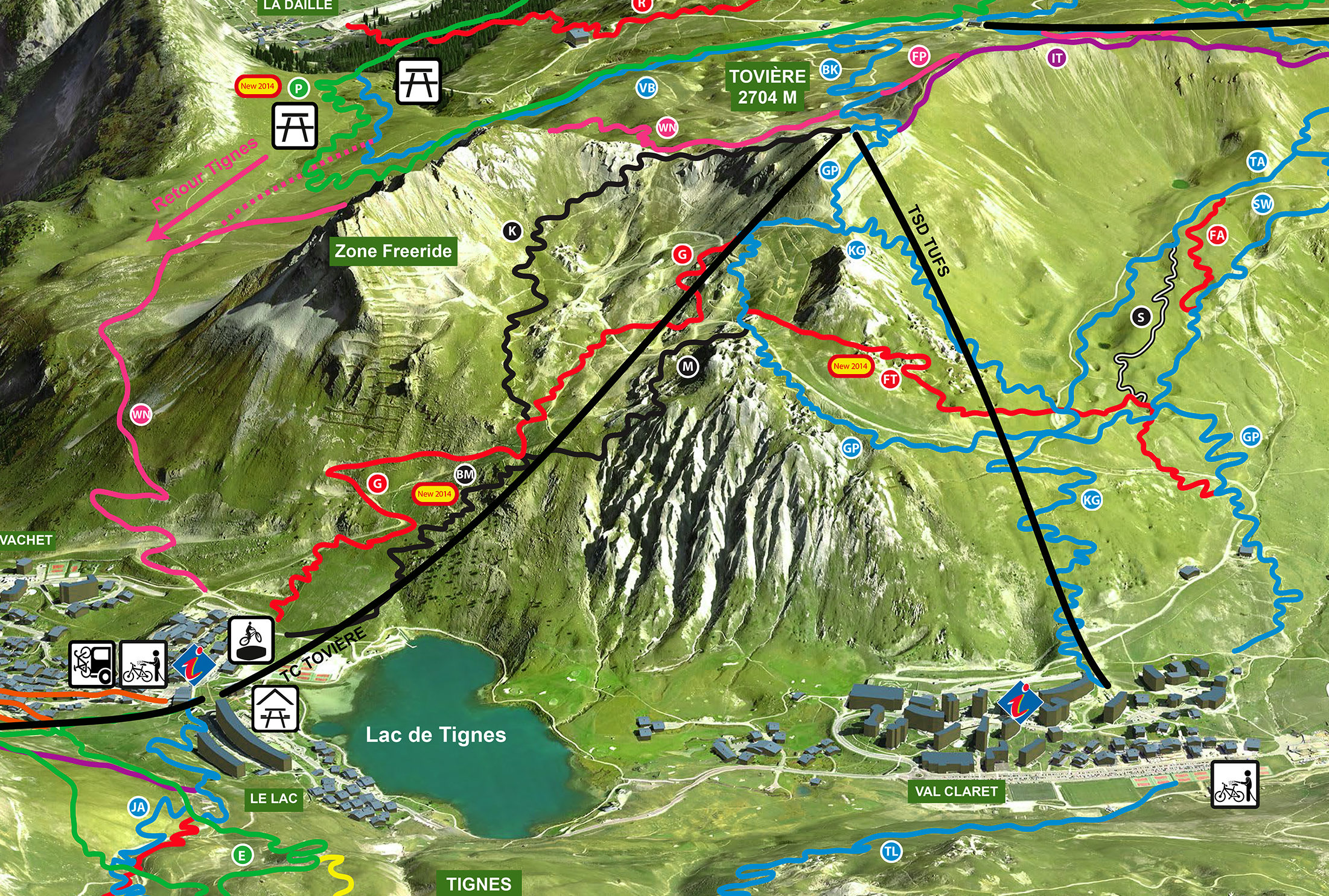 Plan du Bikepark de Tignes, zoom sur ValClaret