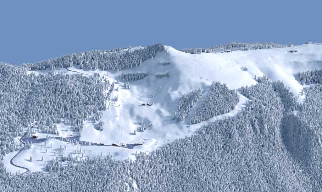 Plan des pistes du Semnoz étape 2 : ajout de la végétation et des bâtiments en 3D