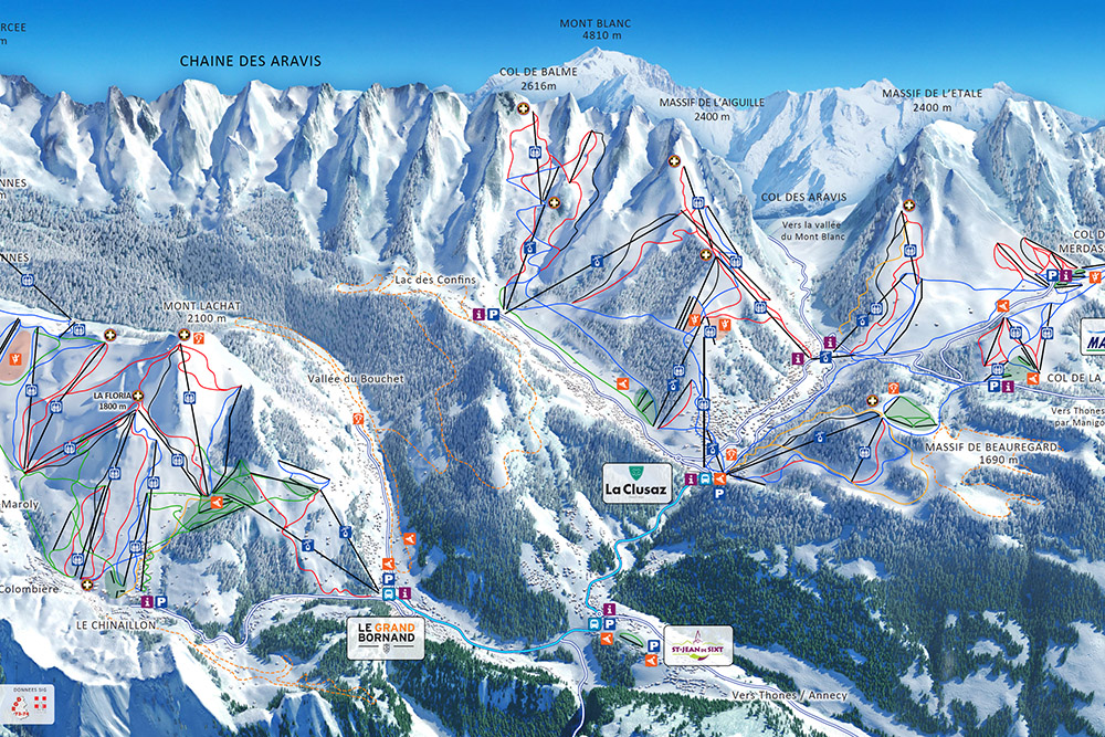 Plan des pistes des stations des Aravis (la Clusaz, Le Grand Bornand et Manigod)