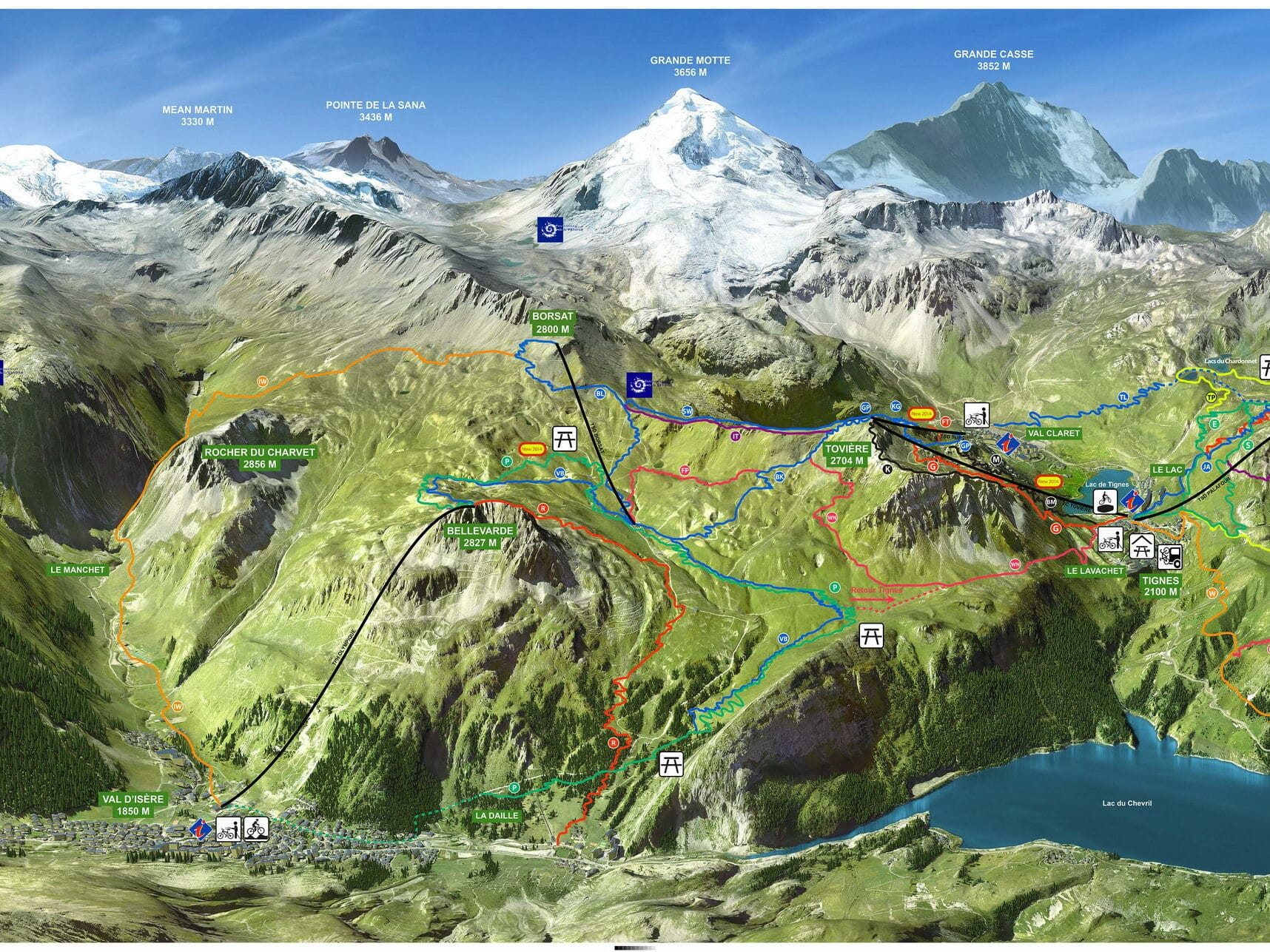Plan des pistes de Tignes et Val D'isère en été