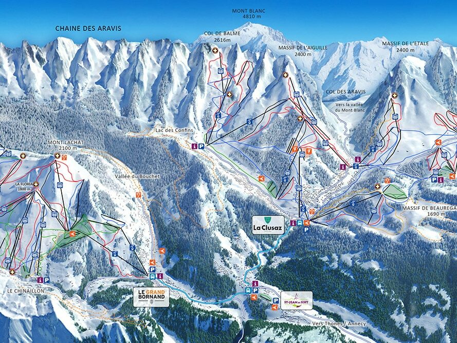 Plan des pistes des stations des Aravis (la Clusaz, Le Grand Bornand et Manigod)